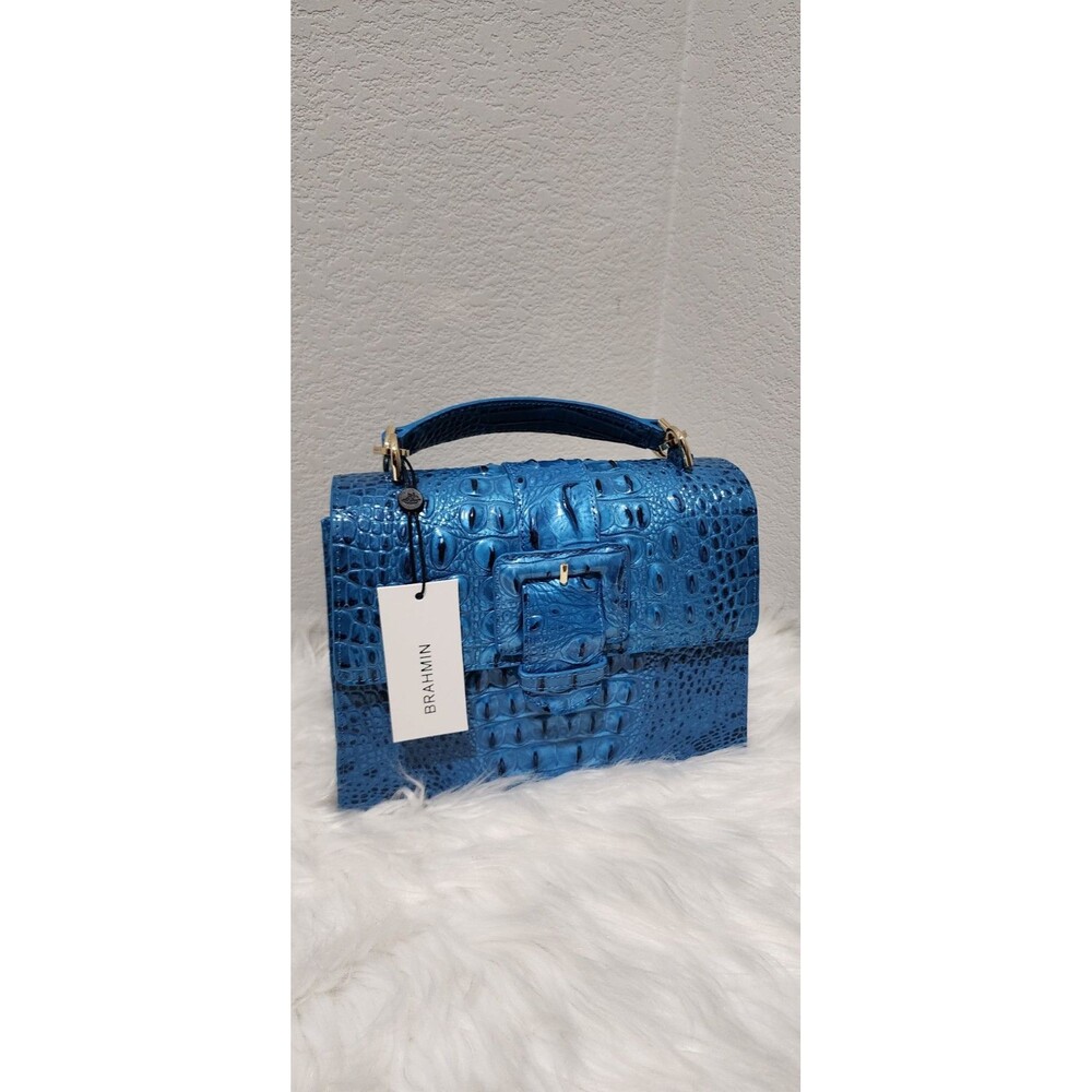 NWT Brahmin Small Hallie Vibrant Azure Teal Blue Glossy Leather Satchel Handbag